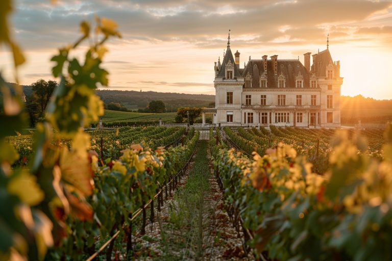 Château entouré de vignes au coucher du soleil