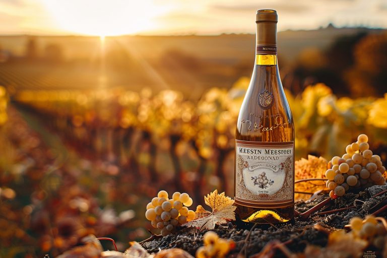Bouteille de vin blanc et raisins au soleil