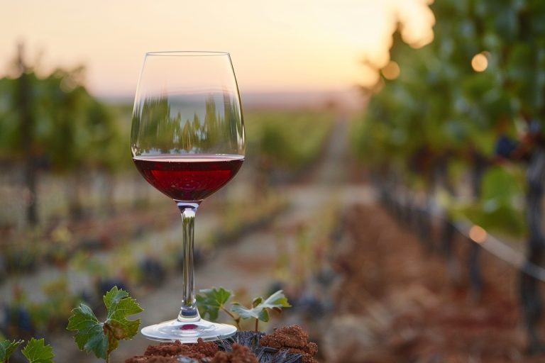 Verre de vin rouge au milieu des vignes