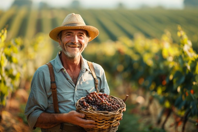 Vigneron avec un panier de raisin