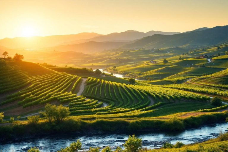 Coteaux de vignes au soleil couchant